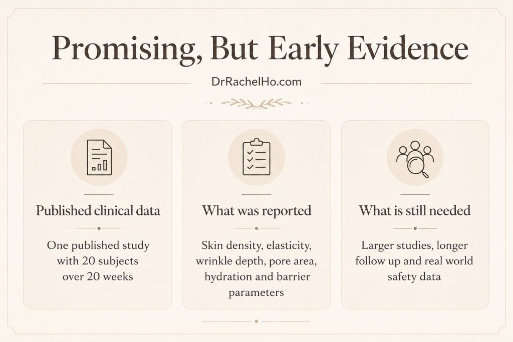 ECM skin booster evidence gap 20 subjects 20 weeks skin density elasticity pore area hydration barrier parameters