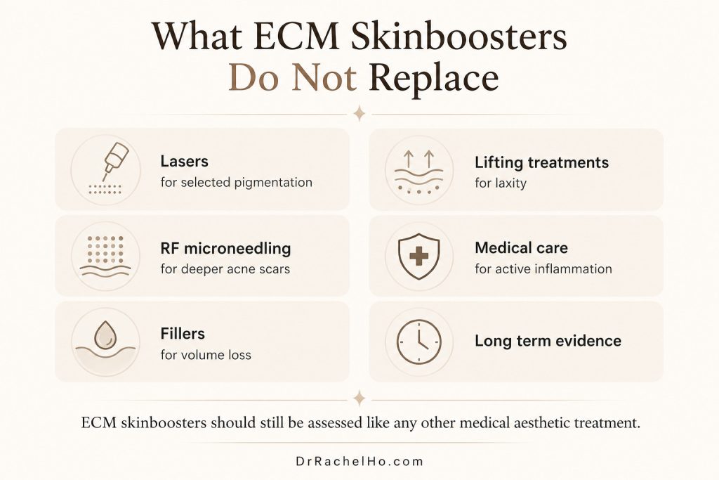 What ECM skinboosters do not replace including lasers RF microneedling fillers lifting treatments and medical care