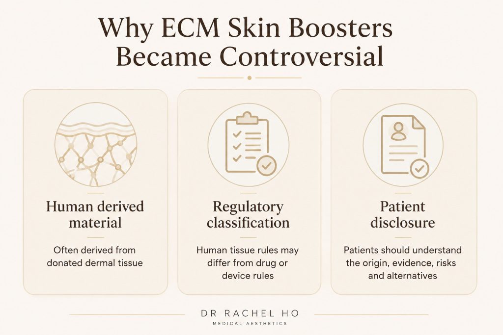 Why ECM skin boosters became controversial human derived material regulatory classification patient disclosure