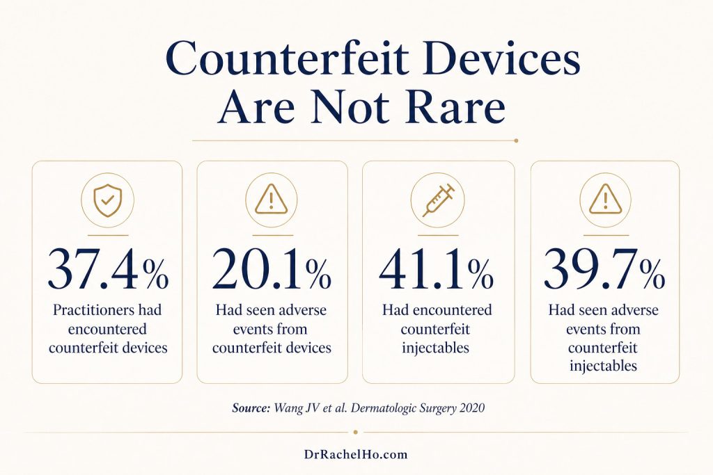 Counterfeit aesthetic device statistics from Dermatologic Surgery showing side effects