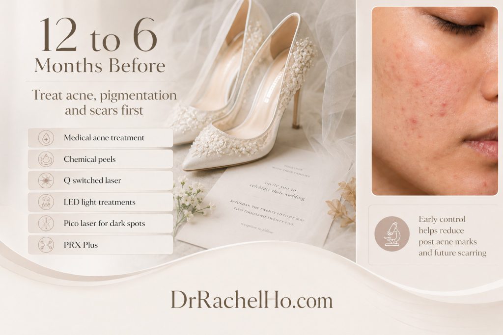 Bridal acne pigmentation and acne scar treatment timeline 12 to 6 months before wedding