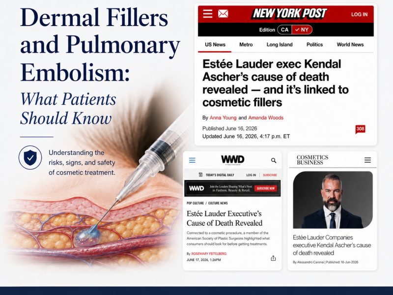 Dermal fillers and pulmonary embolism safety article with major news coverage and filler risk illustration