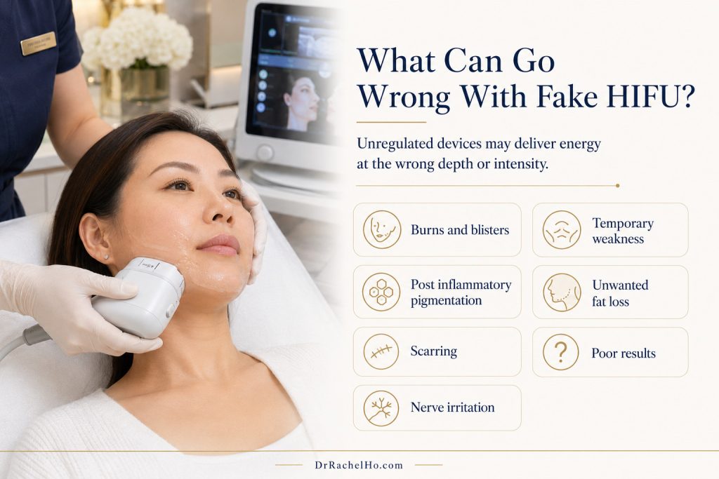 Fake HIFU and fake Ultherapy risks including burns pigmentation scarring nerve irritation and fat loss