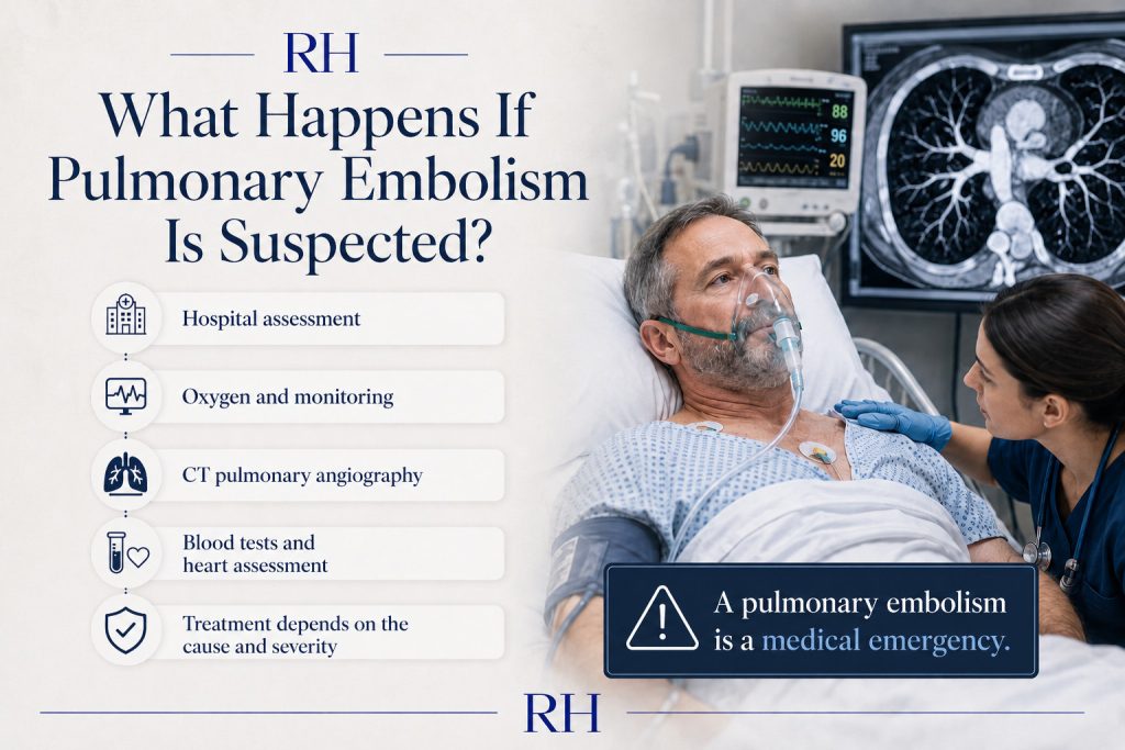 What happens if pulmonary embolism is suspected including hospital assessment oxygen CT pulmonary angiography and monitoring