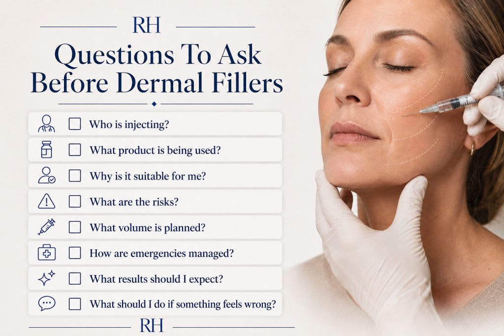 Questions to ask before dermal fillers including product used injector qualifications risks volume and emergency plan