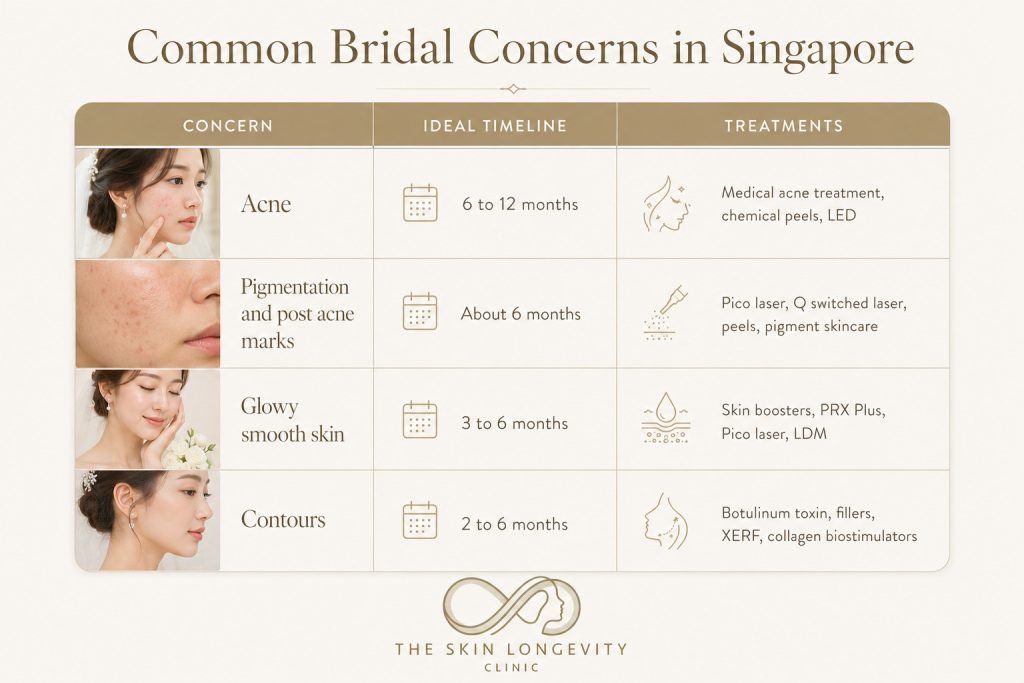 Common bridal skin concerns in Singapore including acne pigmentation glowy skin and contours