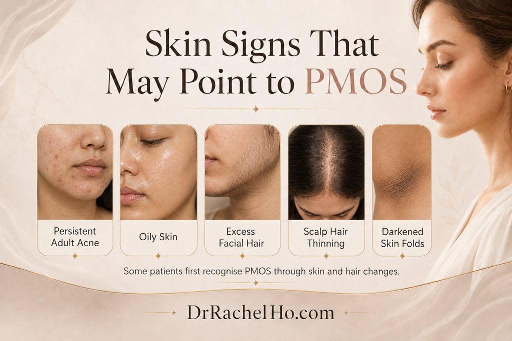 skin signs of PCOS or PMOS include oily skin, acne, hirsutism, acanthosis nigricans and seborrhoeic dermatitis