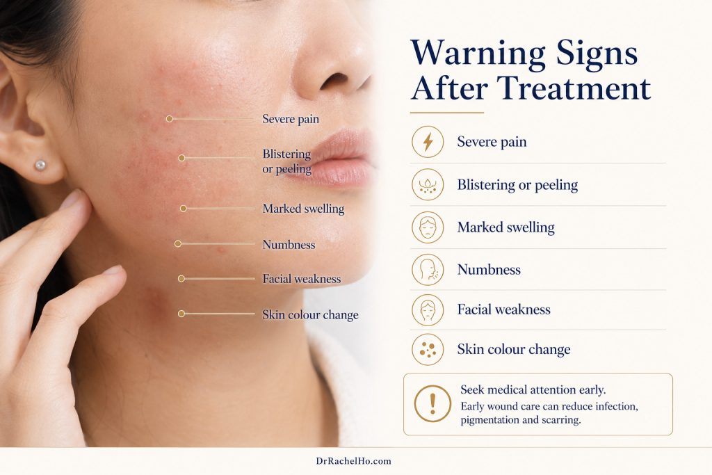 Severe pain, blistering, peeling, marked swelling, numbness, facial weakness or skin colour change after treatment should be reviewed early.