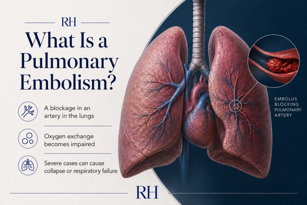 What is pulmonary embolism showing blocked lung artery and impaired oxygen exchange