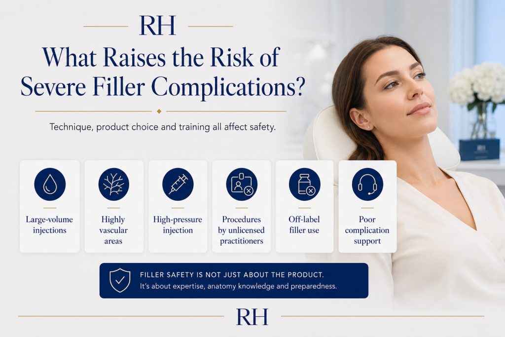 What raises the risk of severe filler complications including large volume injections vascular areas high pressure technique and poor complication support