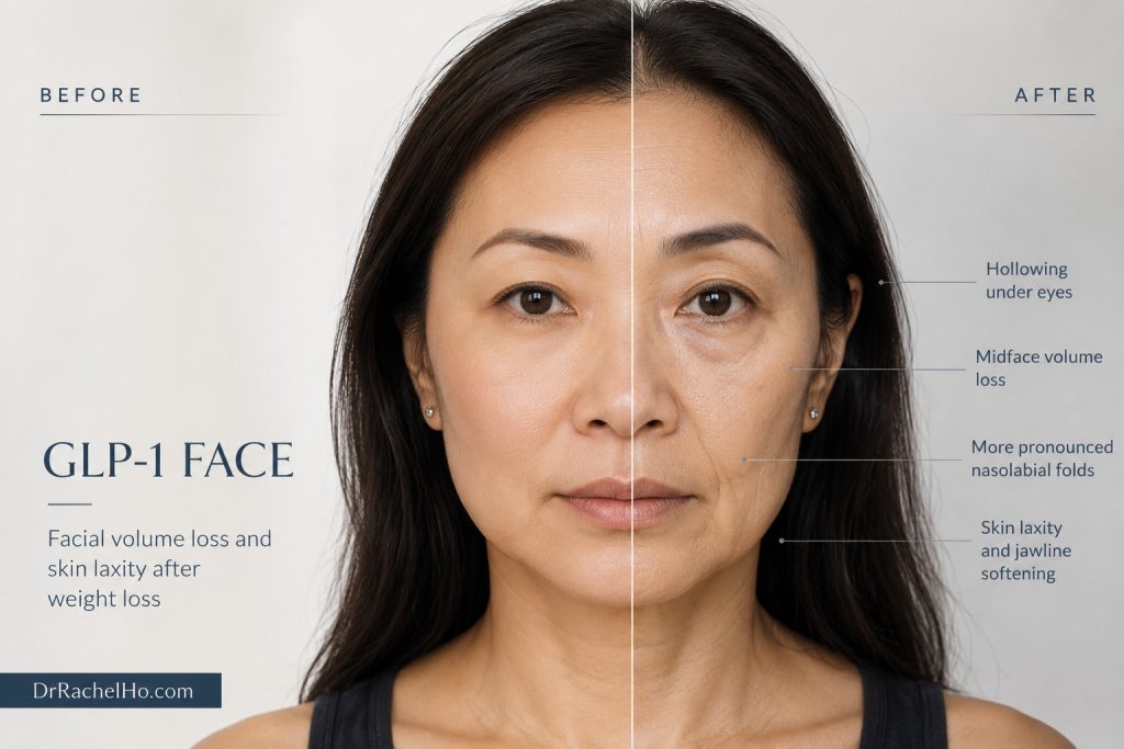 Common signs of GLP 1 face including flatter cheeks, under eye hollowing, deeper folds and looser jawline and neck skin