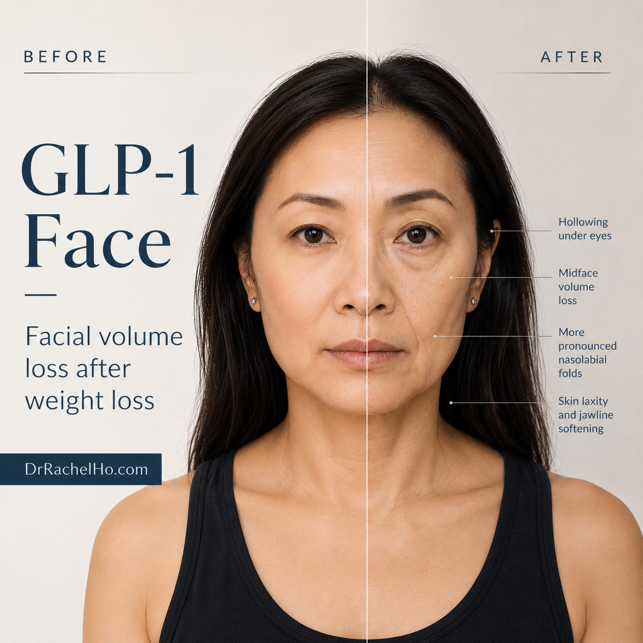 GLP 1 face showing facial volume loss, under eye hollowing, cheek volume loss and jawline laxity after weight loss