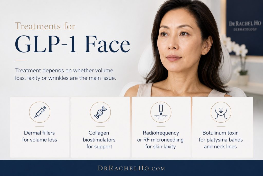 GLP 1 face treatment options including dermal fillers, collagen biostimulators, radiofrequency skin tightening and botulinum toxin
