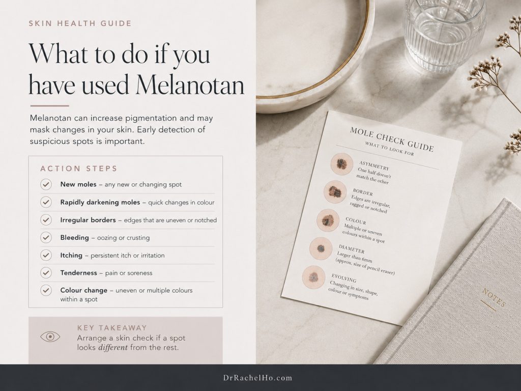 warning signs after using Melanotan or MT2 peptides, including changing moles, irregular borders, bleeding, itching and colour change.