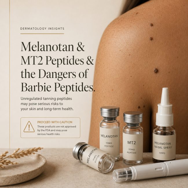 Melanotan and MT2 peptides risks explained by Singapore dermatologist Dr Rachel Ho, featuring tanned skin, moles and unregulated tanning peptide products.