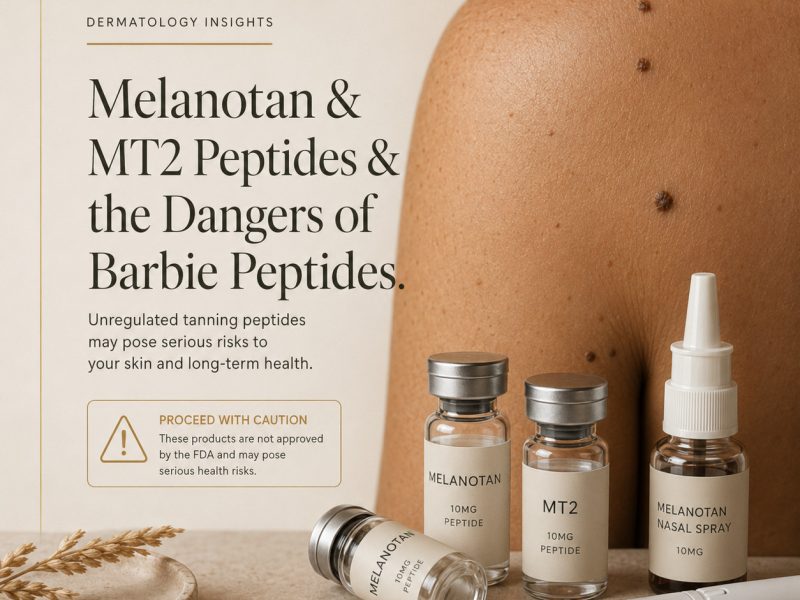 Melanotan and MT2 peptides risks explained by Singapore dermatologist Dr Rachel Ho, featuring tanned skin, moles and unregulated tanning peptide products.