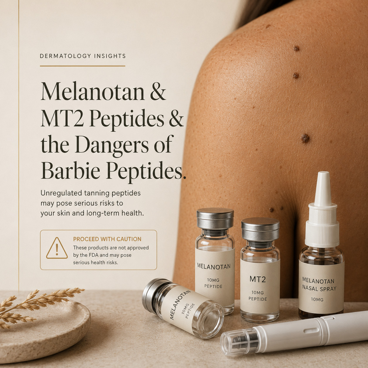Melanotan and MT2 peptides risks explained by Singapore dermatologist Dr Rachel Ho, featuring tanned skin, moles and unregulated tanning peptide products.