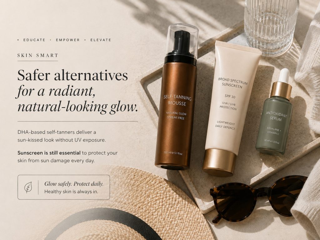 safer alternatives to Melanotan and MT2 peptides, including self tanning products and sunscreen guidance from Dr Rachel Ho.