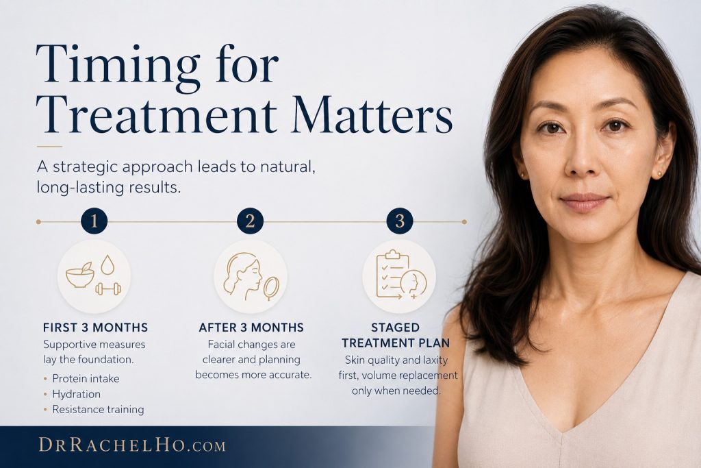 Timing for GLP 1 face treatment showing the first 3 months, facial analysis after weight stabilisation and staged treatment planning