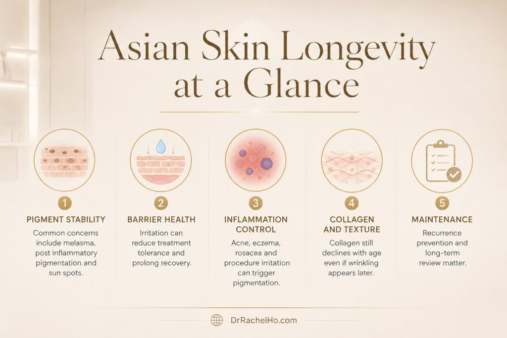 Infographic summarising pigment stability, barrier health, inflammation control, collagen support and maintenance for Asian skin.