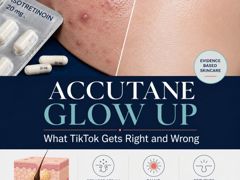 Accutane glow up explained by Dr Rachel Ho, showing active acne beside clearer, less oily skin during isotretinoin treatment.