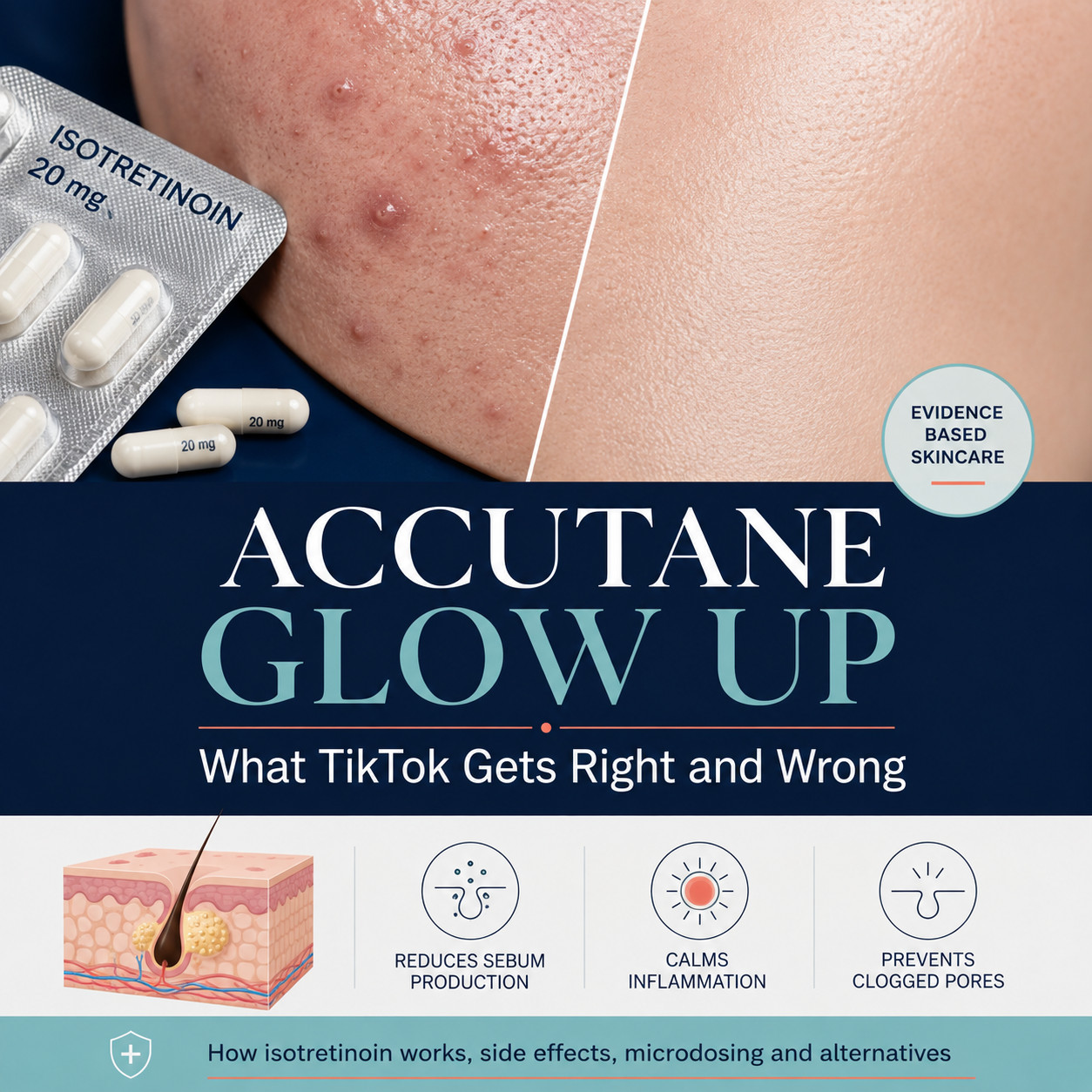 Accutane glow up explained by Dr Rachel Ho, showing active acne beside clearer, less oily skin during isotretinoin treatment.