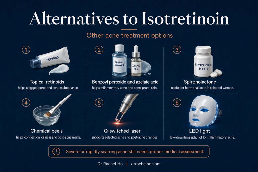 Acne treatment options in Singapore without isotretinoin, including topical medication, spironolactone, peels, laser and LED.