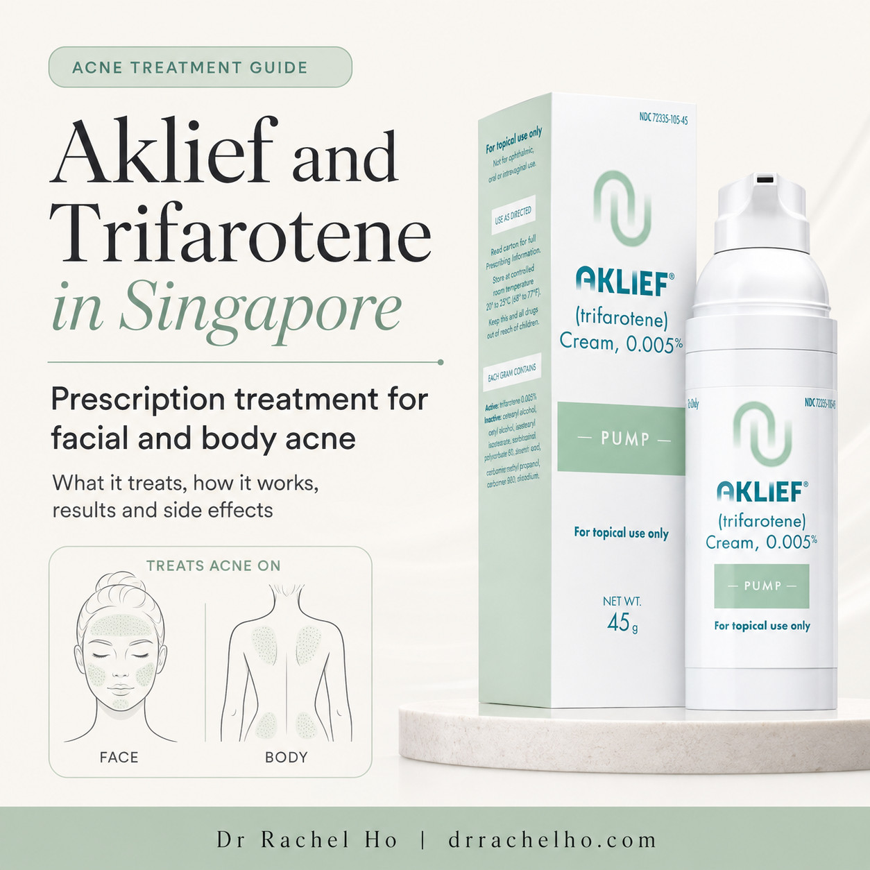 Aklief trifarotene prescription treatment for facial and truncal acne in Singapore, with treatment areas shown on the face and body.