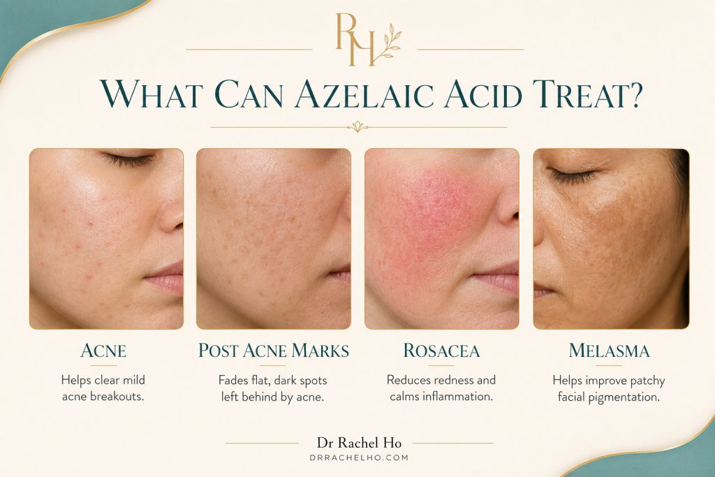 Comparison showing the potential uses of azelaic acid for mild acne, flat post-acne marks, papulopustular rosacea and melasma.