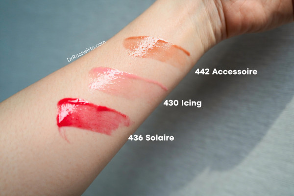 Swatches of Chanel Hydra Gloss 436 Solaire, 430 Icing and 442 Accessoire
