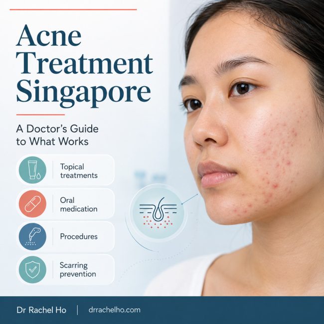 Acne treatment in Singapore overview graphic by Dr Rachel Ho showing common treatment categories and facial acne on Asian skin