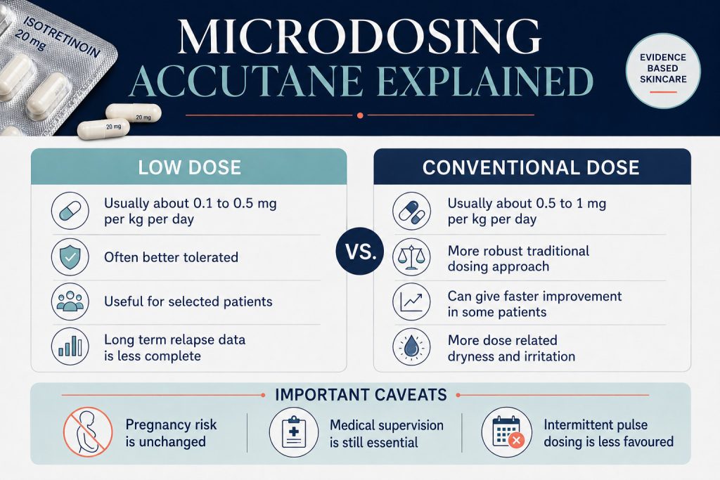 Low-dose versus conventional isotretinoin comparison covering tolerability, response, relapse evidence and pregnancy risk.