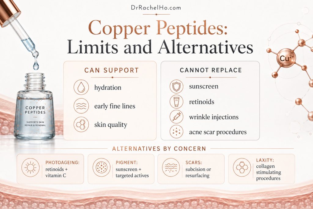 Copper peptide skincare infographic showing realistic benefits, limitations and alternatives for photoageing, pigmentation, scars and laxity.