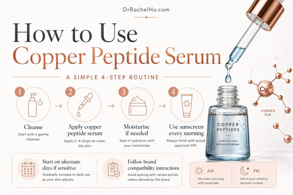 Four-step copper peptide serum routine showing cleanser, serum, moisturiser and morning sunscreen.