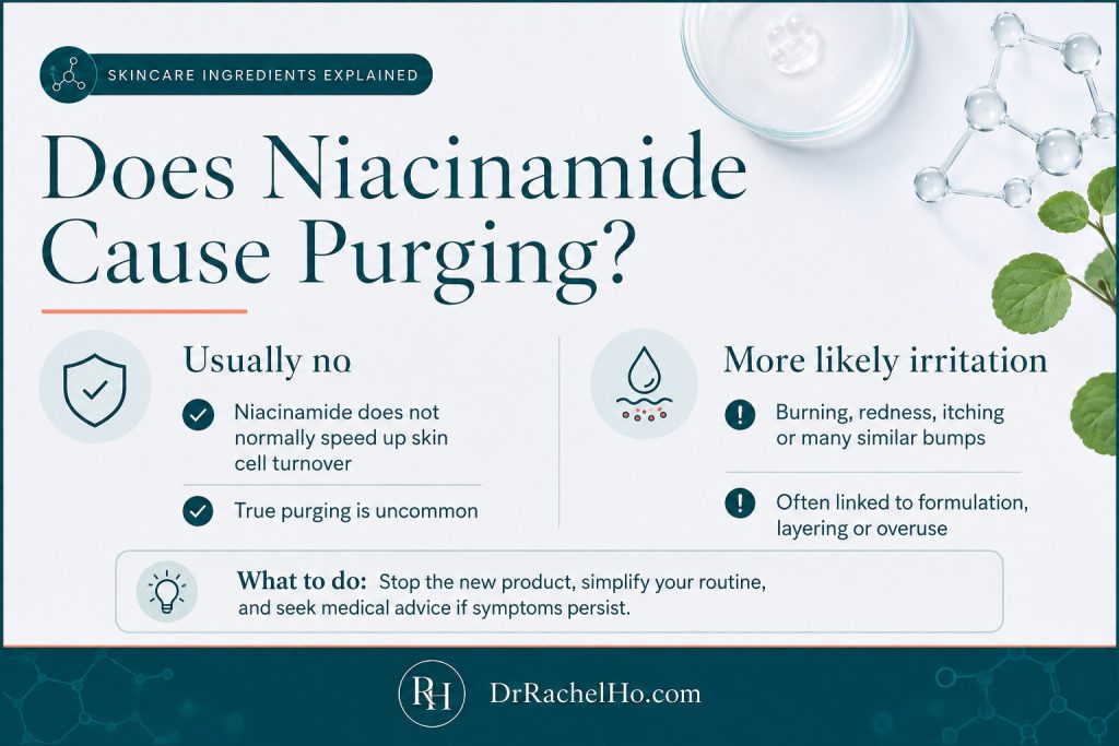 Infographic explaining why niacinamide usually does not cause purging and how irritation may present.