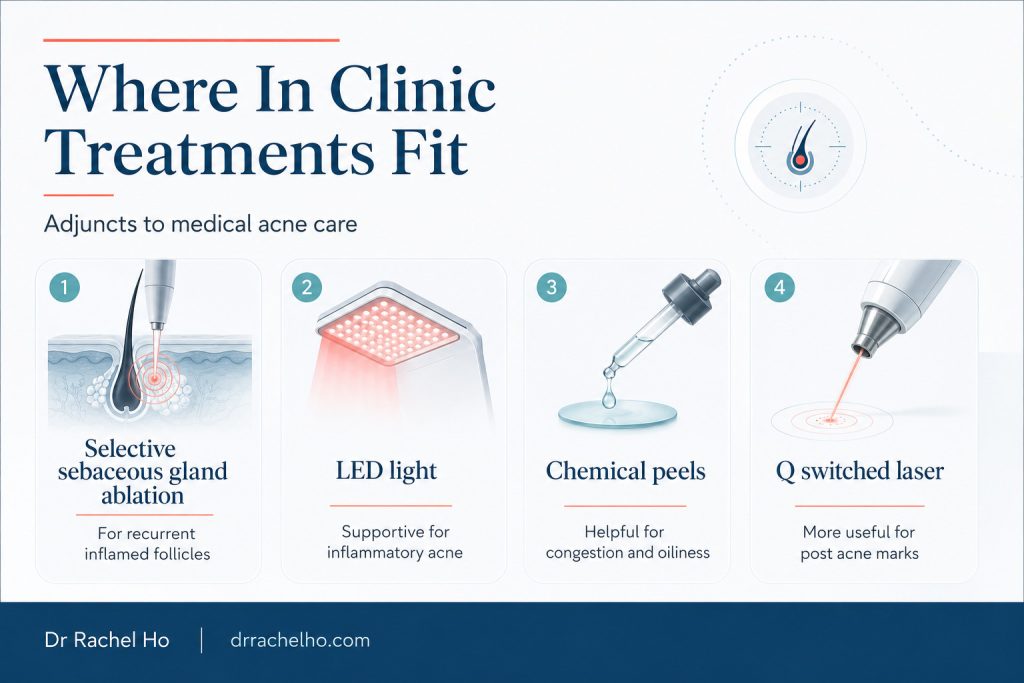Graphic explaining where in clinic acne treatments fit including selective sebaceous gland ablation, LED light, chemical peels and Q switched laser
