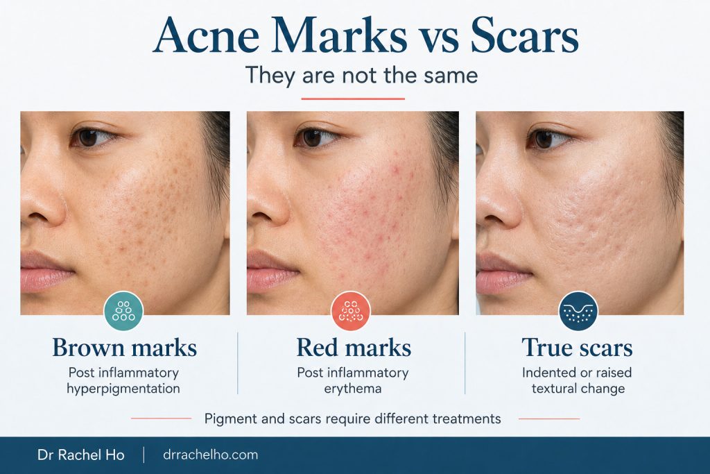 Comparison graphic showing brown acne marks, red acne marks and true acne scars on Asian skin