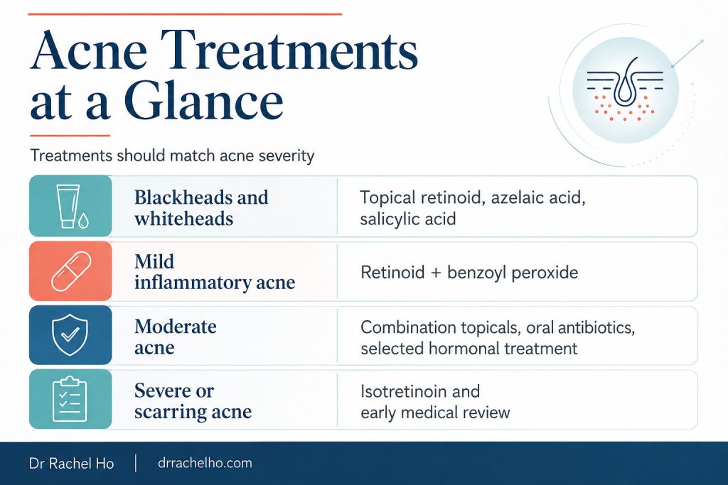 Acne treatment chart showing options by severity from comedonal acne to severe or scarring acne