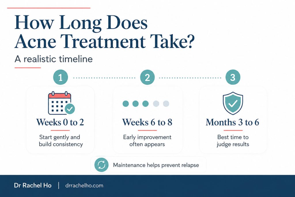 Acne treatment timeline infographic showing weeks zero to two, weeks six to eight and months three to six