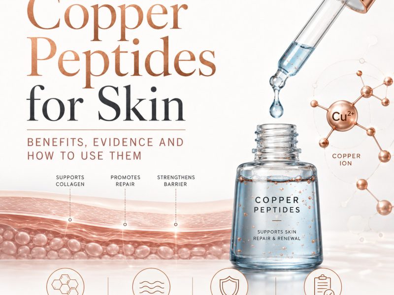 Copper peptides for skin guide with a serum dropper, copper ion molecule and hyperrealistic skin cross-section.
