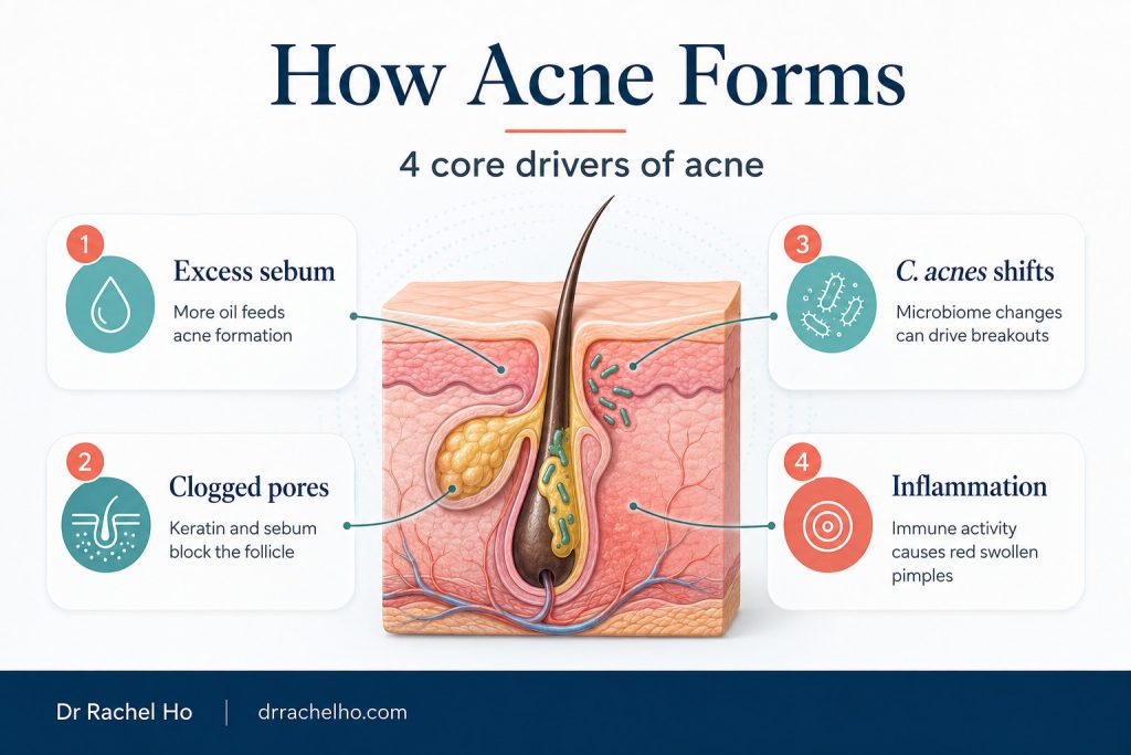 Infographic showing the four core drivers of acne formation including excess sebum, clogged pores, Cutibacterium acnes shifts and inflammation