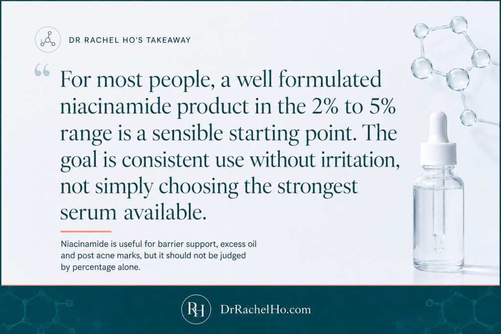 Dr Rachel Ho advises that 2% to 5% niacinamide is a sensible starting range for many skincare users.