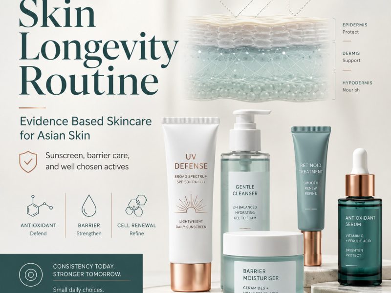 Evidence based skin longevity routine for Asian skin with sunscreen, cleanser, moisturiser, retinoid and antioxidant serum.