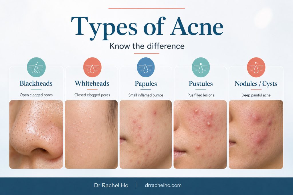 Visual guide to types of acne showing blackheads, whiteheads, papules, pustules and nodules or cysts