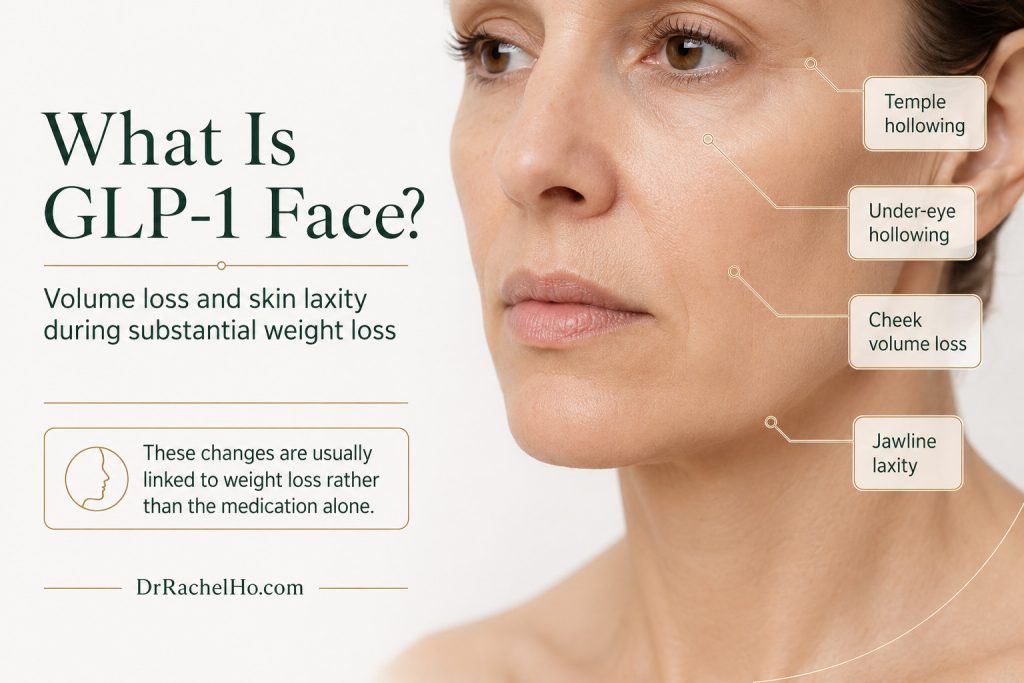 Close-up of a woman’s face showing temple hollowing, under-eye hollowing, cheek volume loss and mild jawline laxity after substantial weight loss.