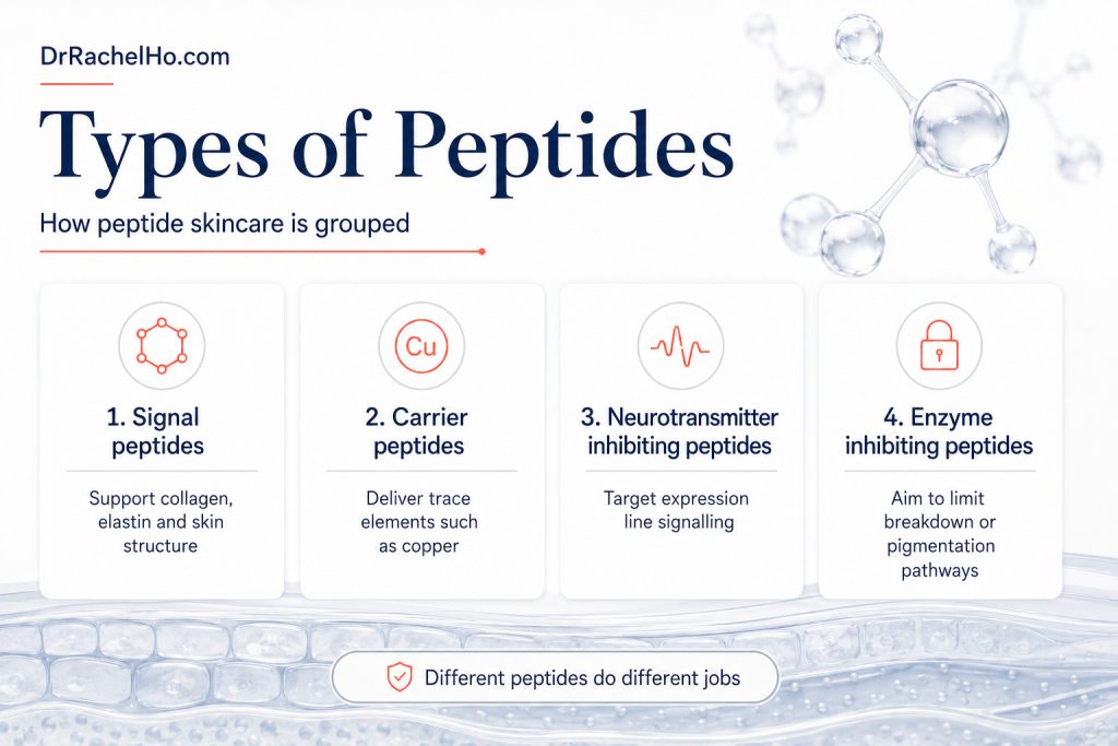 Infographic explaining signal, carrier, neurotransmitter-inhibiting and enzyme-inhibiting peptides used in skincare.