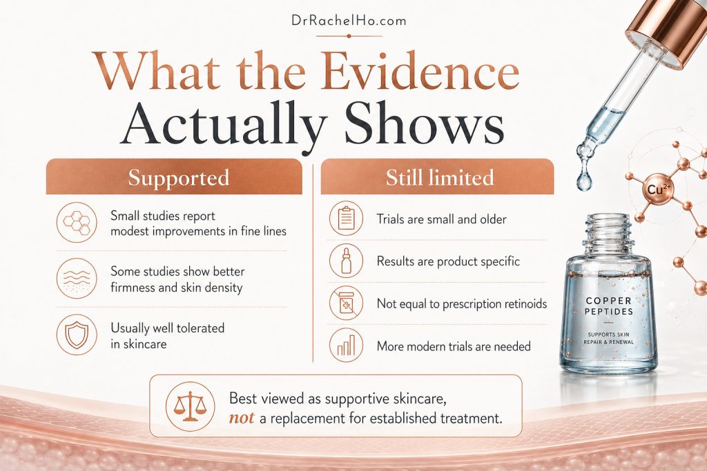 Evidence infographic comparing supported copper peptide skincare findings with limitations of the clinical research.