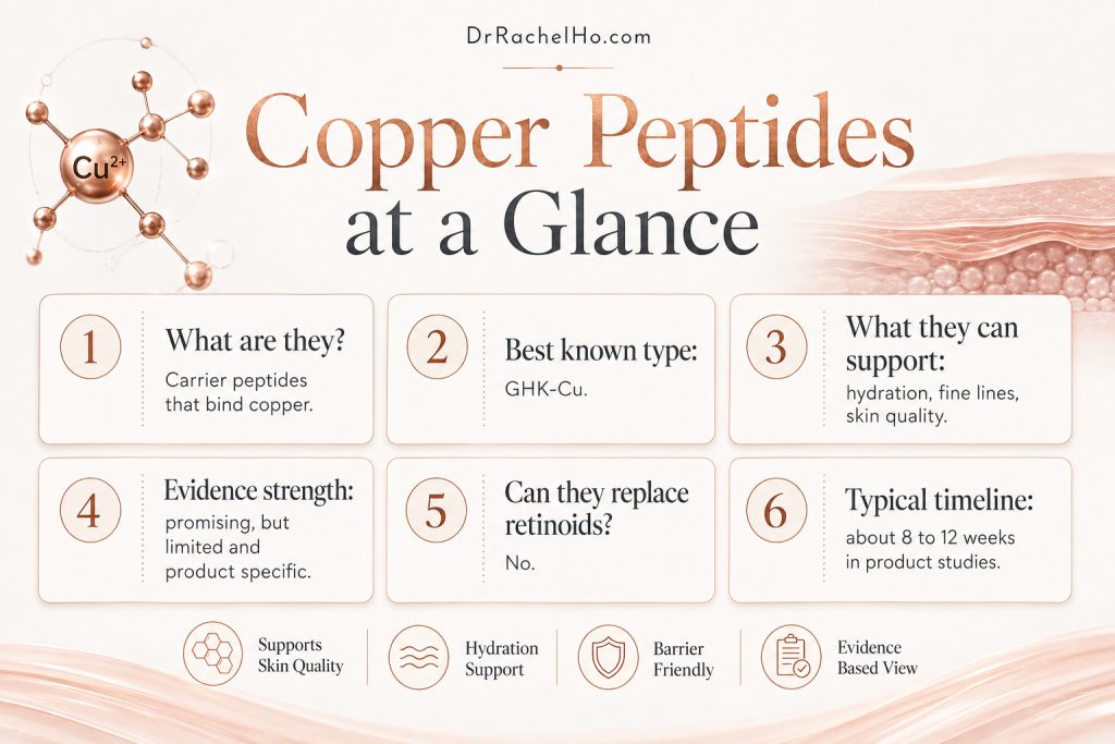 Six-point infographic explaining GHK-Cu, copper peptide benefits, evidence strength and the expected skincare timeline.