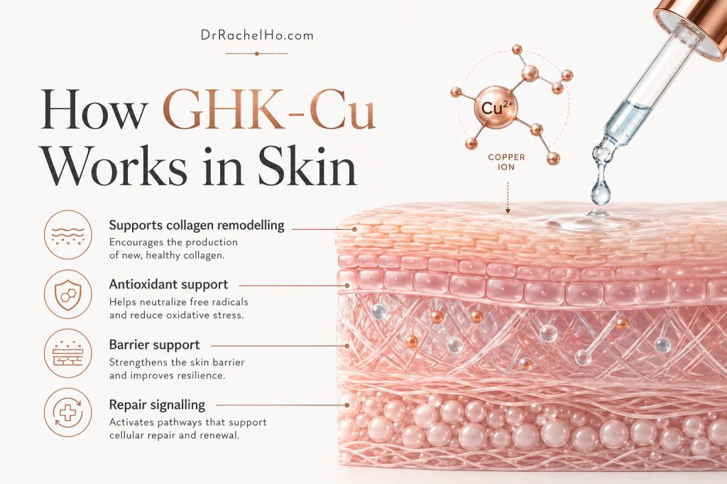 Hyperrealistic skin cross-section showing proposed GHK-Cu effects on collagen, antioxidant defence and repair signalling.