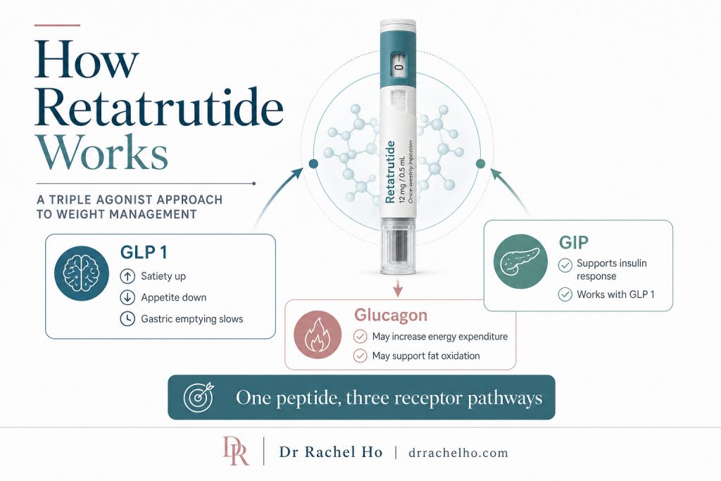 Diagram showing how retatrutide activates GIP, GLP-1 and glucagon receptor pathways